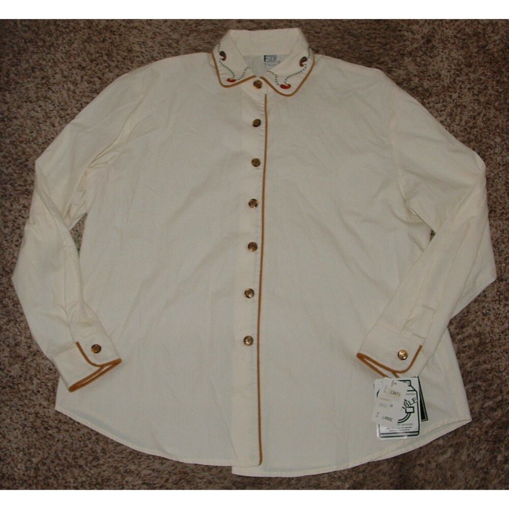 NEW NWT Vintage Sz Large Ivory White Embroidered Collar Button Up Shirt F-STOP
